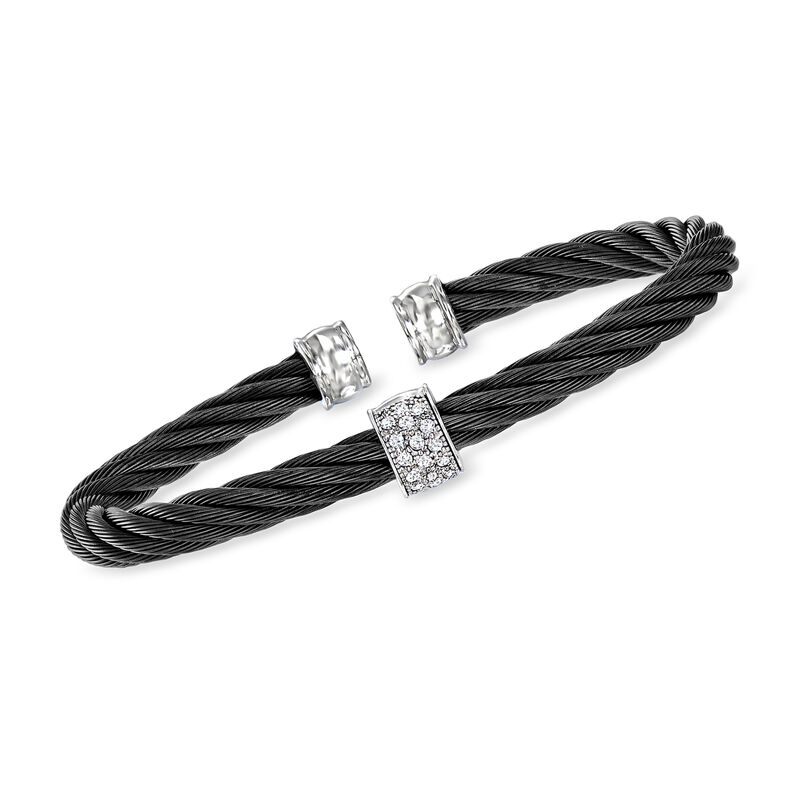 ALOR Black Stainless Steel Cuff Bracelet with .16 ct. t.w. Diamond Station in 18kt White Gold. 6.5&quot; image number 0