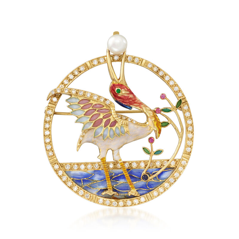 C. 1990 Vintage 6mm Cultured Pearl, 1.10 ct. t.w. Diamond and Enamel Bird Pin/Pendant with Multi-Gem Accents in 18kt Yellow Gold image number 0