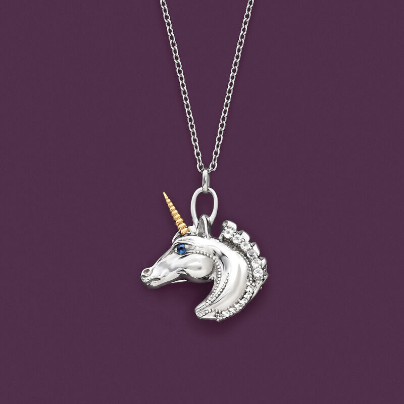 .25 ct. t.w. White Topaz Unicorn Pendant Necklace with Sapphire Accents in 14kt Gold and Sterling image number 3