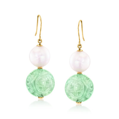 Carved Jade and 10-11mm Cultured Pearl Drop Earrings in 14kt Yellow Gold