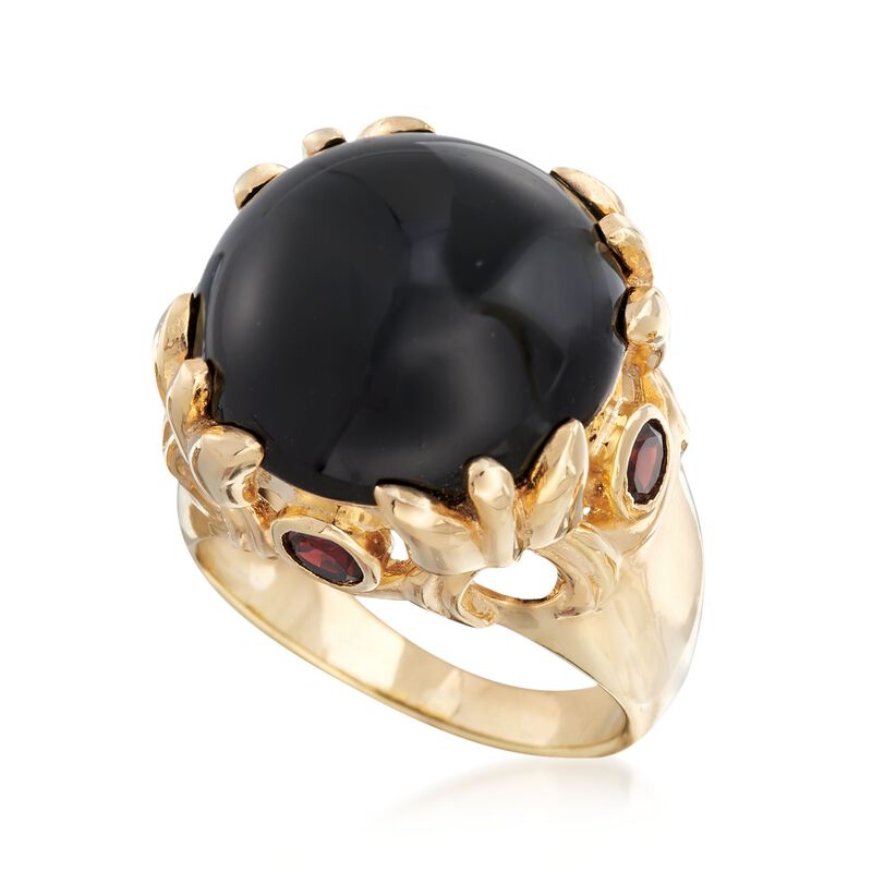 Cabochon Black Onyx and 2.00 ct. t.w. Garnet Ring in 18kt Gold Over Sterling image number 3