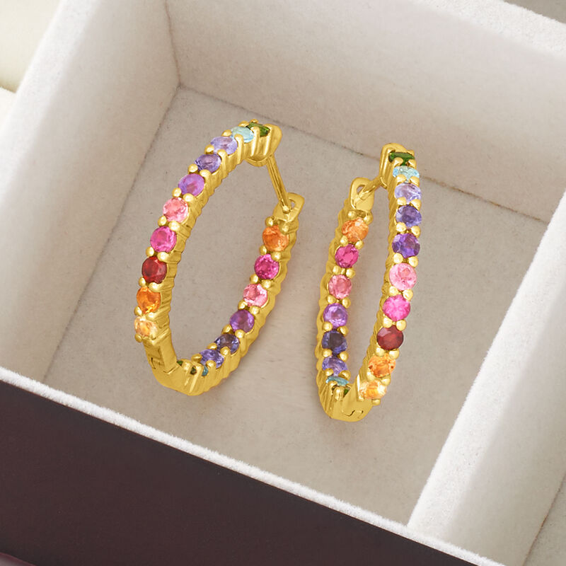 1.80 ct. t.w. Multi-Gemstone Inside-Outside Hoop Earrings in 18kt Gold Over Sterling. 7/8"
