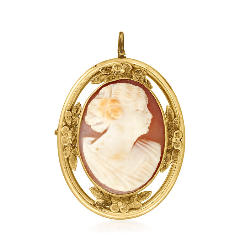 C. 1940 Vintage Pink Shell Cameo Pin/Pendant in 14kt Yellow Gold  image number 0