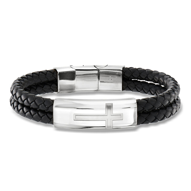 Men's Stainless Steel Cross Bracelet with Black Leather. 8" image number 0