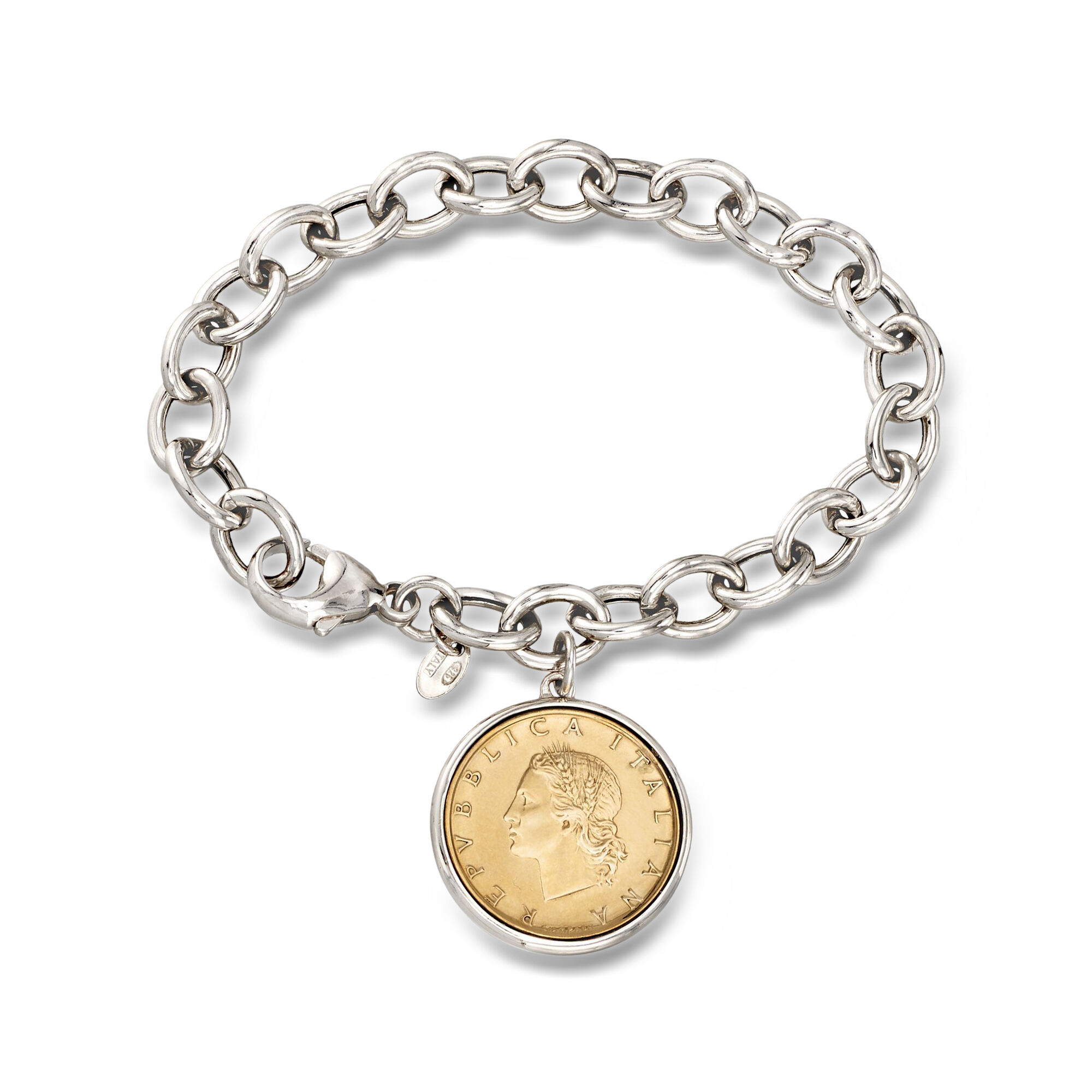 Italian Genuine 20-Lira Coin Charm Bracelet in Sterling Silver