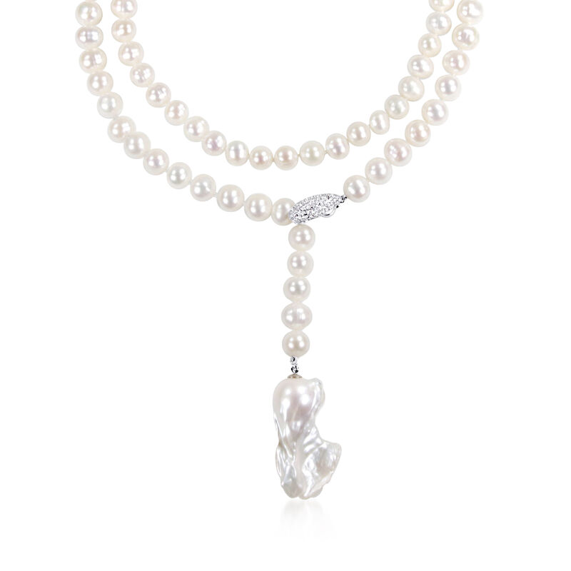 9-18mm Cultured Pearl and 2.00 ct. t.w. CZ Lariat Necklace with Sterling Silver Magnetic Clasp. 36&quot; image number 0