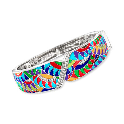 Belle Etoile "Tropicalia" Multicolored Enamel and .30 ct. t.w. CZ Bangle Bracelet in Sterling Silver