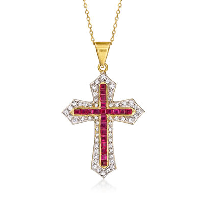 C. 1990 Vintage 1.65 ct. t.w. Ruby Cross Pendant Necklace with .65 ct. t.w. Diamonds in 18kt Yellow Gold