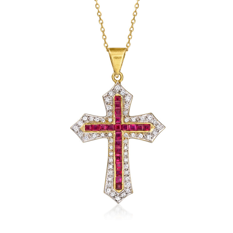 C. 1990 Vintage 1.65 ct. t.w. Ruby Cross Pendant Necklace with .65 ct. t.w. Diamonds in 18kt Yellow Gold. 18" image number 0