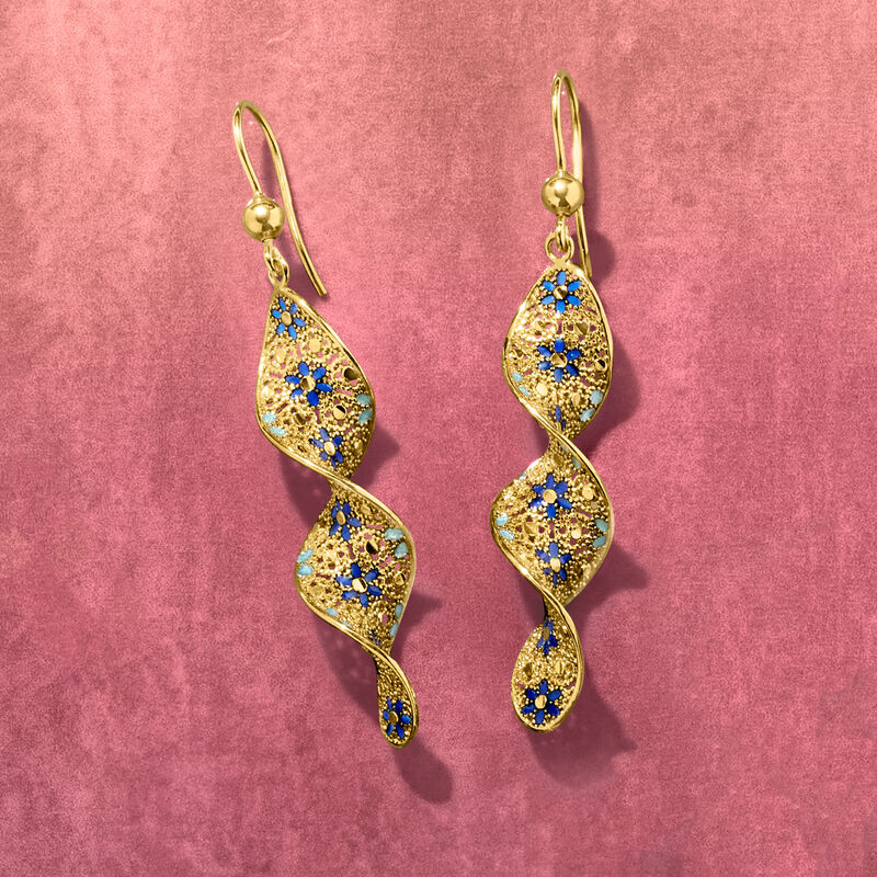 Italian Tonal Blue Enamel Floral Twisted Drop Earrings in 18kt Gold Over Sterling image number 2