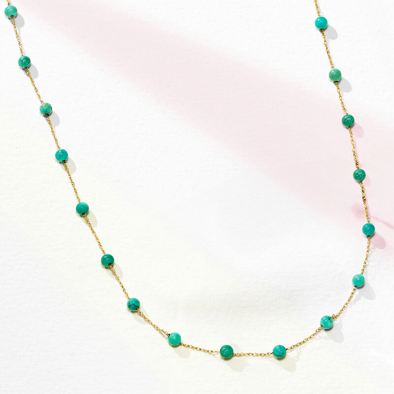 3-3.5mm Turquoise Bead Station Necklace in 14kt Yellow Gold image number 2