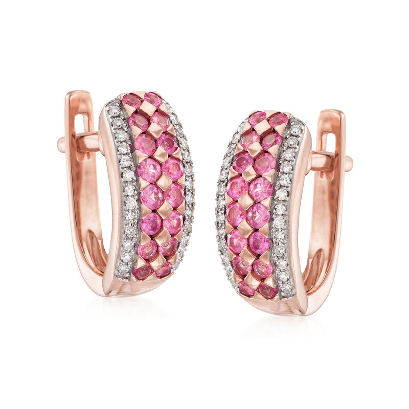 .50 ct. t.w. Pink Sapphire Huggie Hoop Earrings with .12 ct. t.w. Diamonds in 14kt Rose Gold image number 3