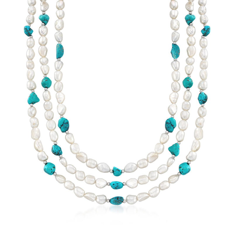 7.5-8.5mm Cultured Pearl and 7-9mm Turquoise Bead Endless Necklace with Sterling Silver Shortener. 72&quot; image number 1