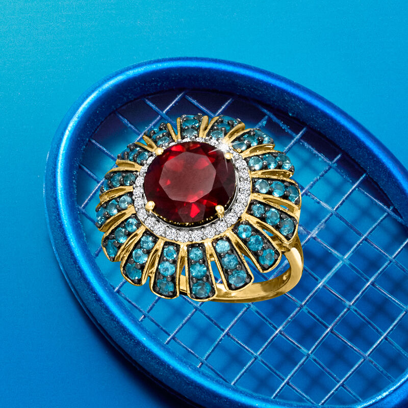 4.90 Carat Garnet and 1.60 ct. t.w. London Blue Topaz Ring with .40 ct. t.w. White Zircons in 18kt Gold Over Sterling image number 4