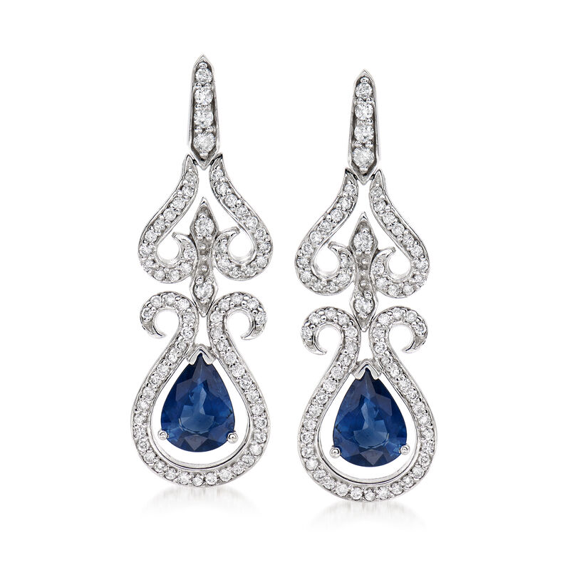 2.30 ct. t.w. Sapphire and .99 ct. t.w. Diamond Drop Earrings in 14kt White Gold image number 0