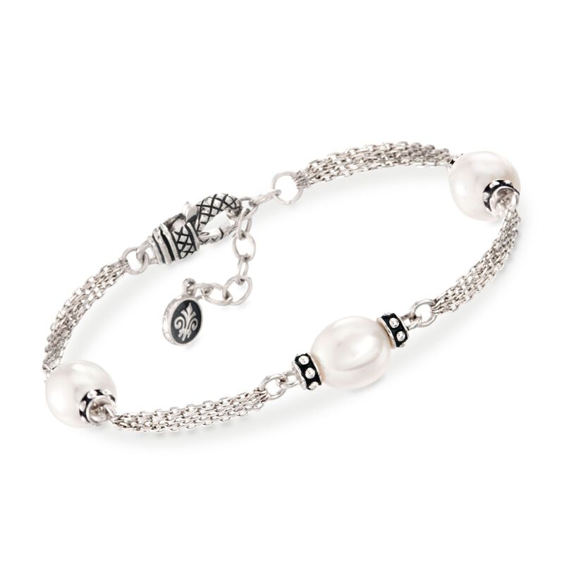 Andrea Candela 9mm Cultured Oval Pearl Station Bracelet in Sterling Silver image number 0