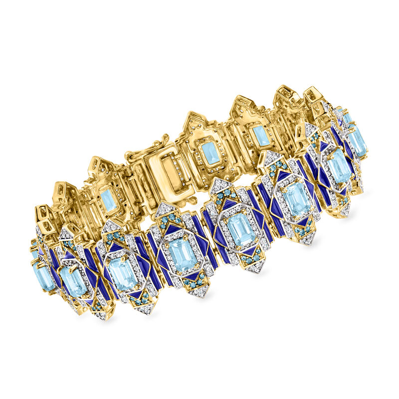 15.40 ct. t.w. London and Sky Blue and White Topaz Bracelet with Blue Enamel in 18kt Gold Over Sterling image number 0