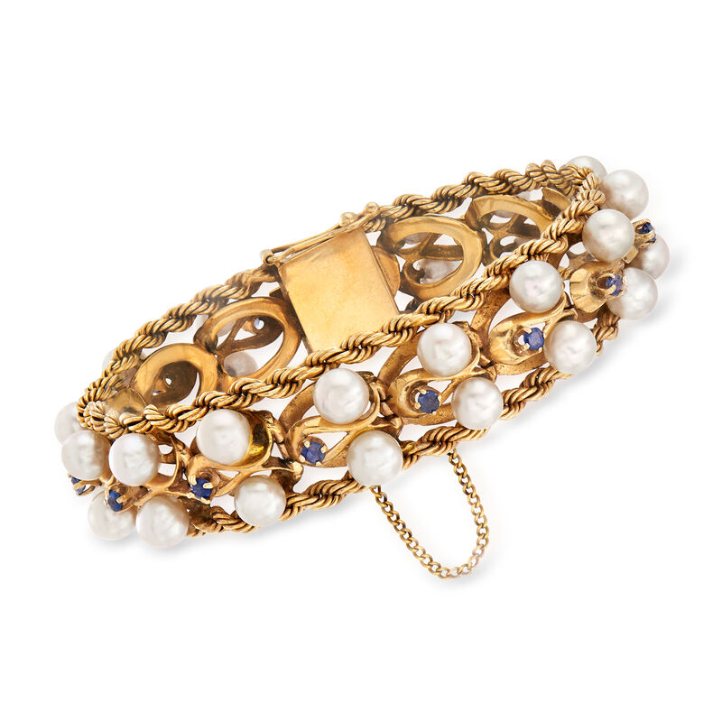 C. 1970 Vintage Cultured Pearl and 1.20 ct. t.w. Sapphire Rope Edge Bracelet in 14kt Yellow Gold. 7&quot; image number 0