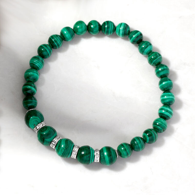 6-8mm Malachite Bead and .24 ct. t.w. Diamond Stretch Bracelet with Sterling Silver image number 2