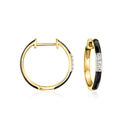 Black Enamel and Diamond Hoop Earrings in 18kt Gold Over Sterling