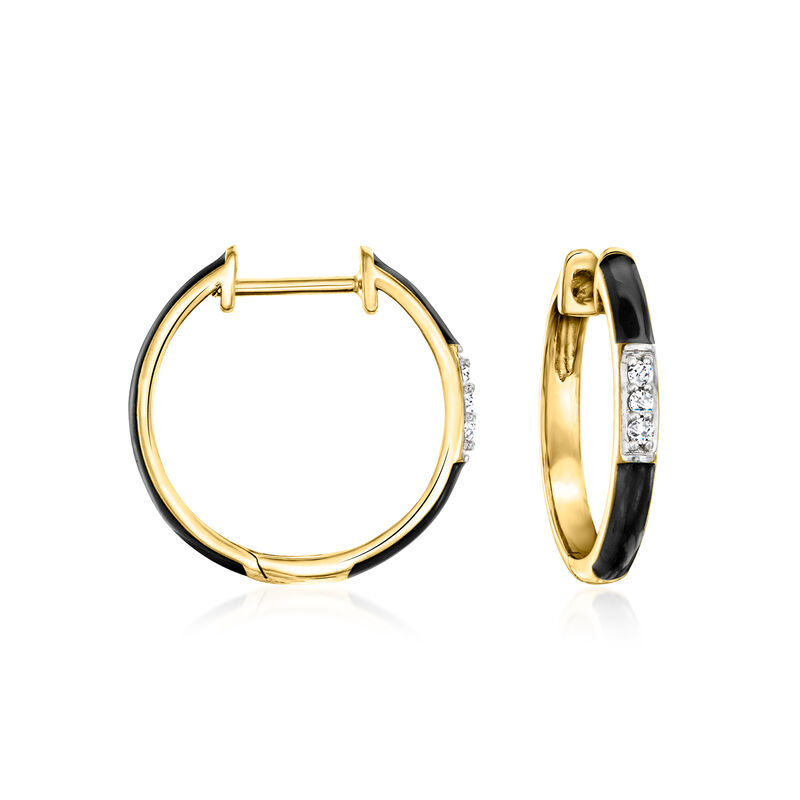 Black Enamel and Diamond Hoop Earrings in 18kt Gold Over Sterling. 5/8" image number 0