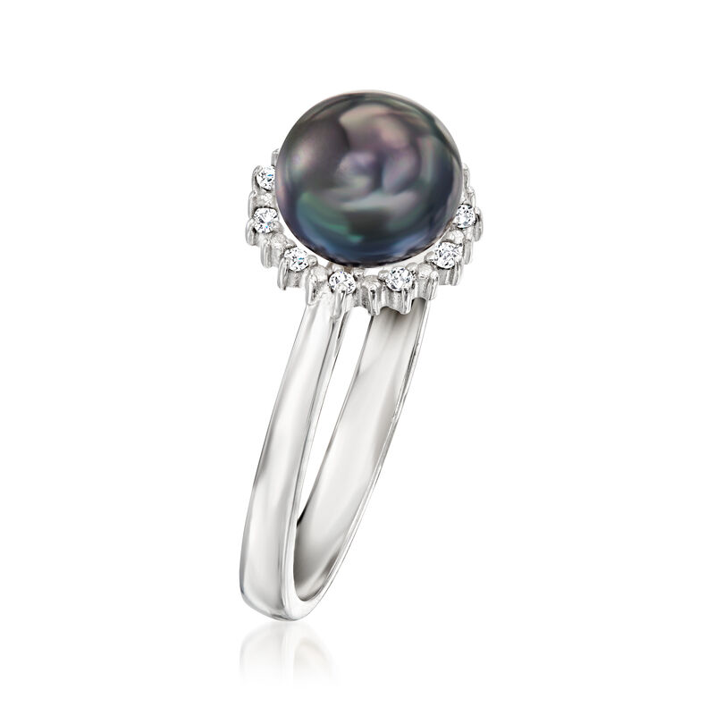 7-7.5mm Black Cultured Pearl Ring with Diamonds in Sterling Silver image number 2