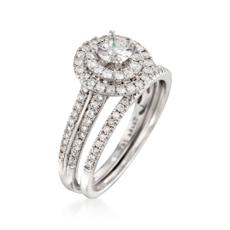 1.00 ct. t.w. Diamond Bridal Set: Double Halo Engagement and Wedding Rings in 14kt White Gold image number 2