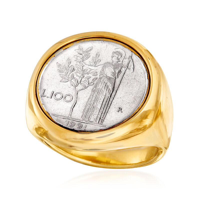 Italian Andiamo 14kt Yellow Gold Over Resin 100-Lira Coin Ring image number 3