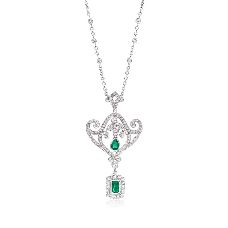 C. 1980 Vintage 1.45 ct. t.w. Diamond and .75 ct. t.w. Emerald Drop Necklace in 18kt White Gold. 18.5" image number 0