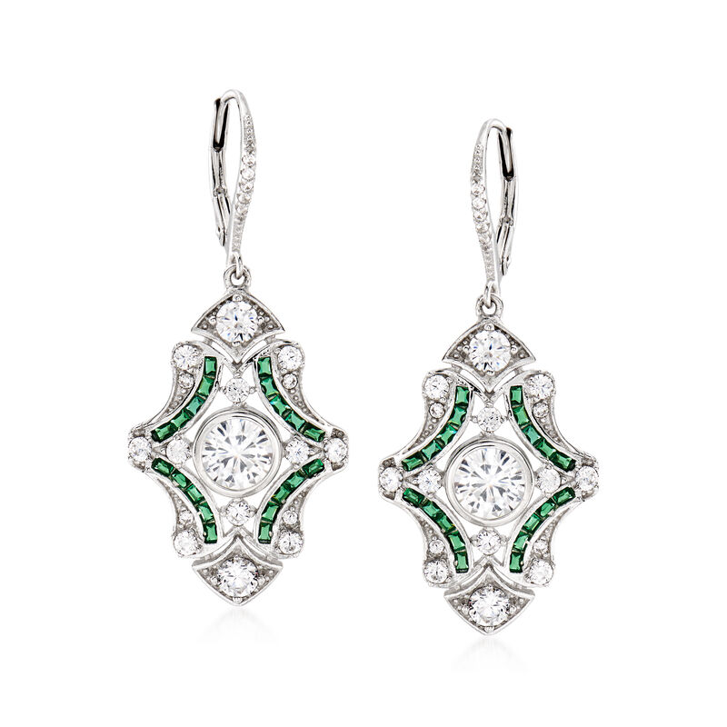 2.90 ct. t.w. CZ and .40 ct. t.w. Simulated Emerald Drop Earrings in Sterling Silver image number 0