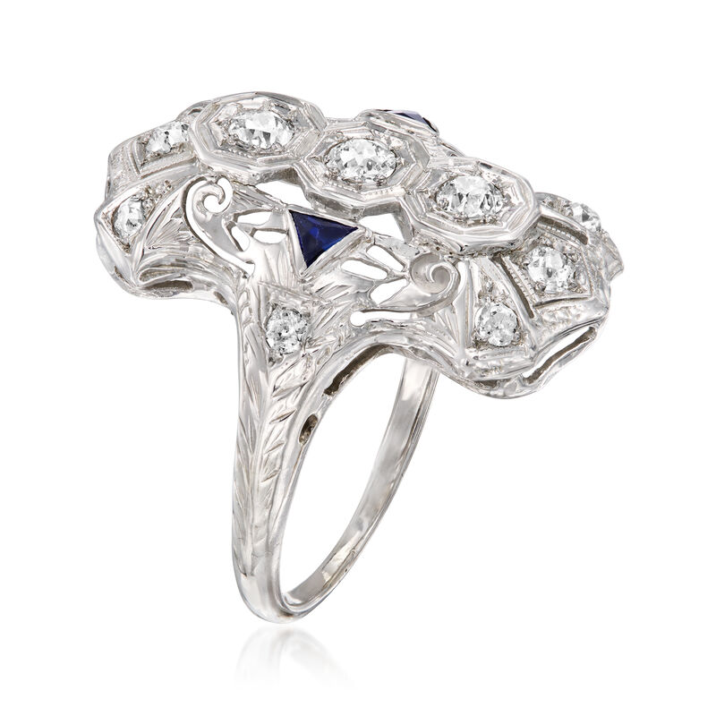 C. 1920 Vintage .55 ct. t.w. Diamond Dinner Ring with .10 ct. t.w. Synthetic Sapphires in 18kt White Gold. Size 7 image number 2