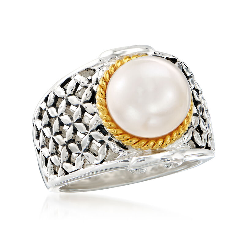 9.5-10mm Cultured Button Pearl Ring in Two-Tone Sterling Silver image number 3