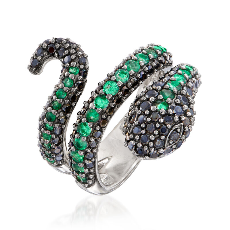 1.80 ct. t.w. Black Spinel and .90 ct. t.w. Emerald Snake Bypass Ring in Sterling Silver image number 3