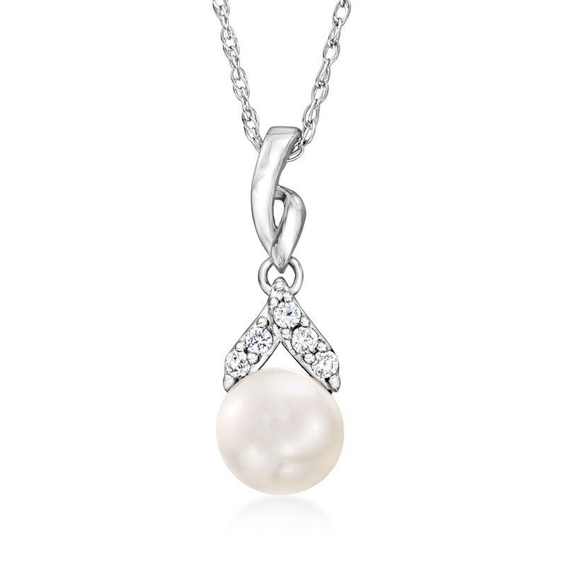 8-8.5mm Cultured Pearl and .40 ct. t.w. White Topaz Jewelry Set: Pendant Necklace and Ring in Sterling Silver image number 2