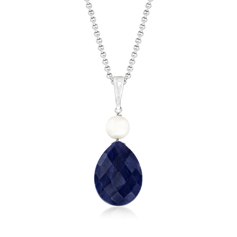 6-6.5mm Cultured Pearl and 10.00 Carat Pear-Shaped Sapphire Pendant Necklace in Sterling Silver. 18&quot; image number 1