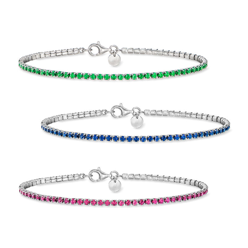 Italian 6.00 ct. t.w. Simulated Emerald, Ruby and Sapphire Jewelry Set: Three Tennis Bracelets in Sterling Silver image number 0