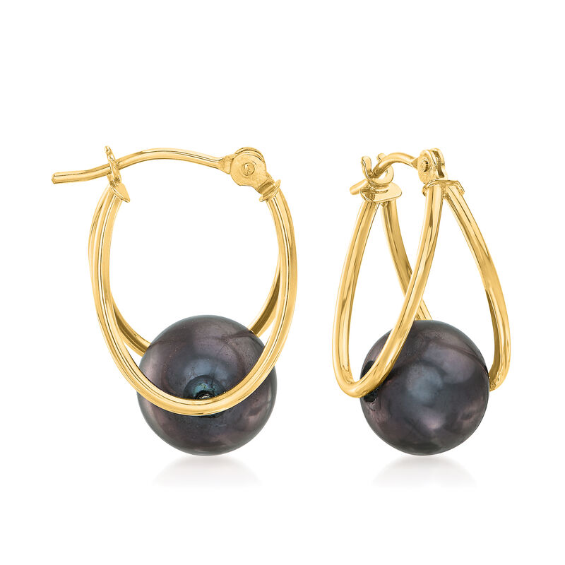 8-9mm Black Cultured Pearl Double-Hoop Earrings in 14kt Yellow Gold. 3/4&quot; image number 0