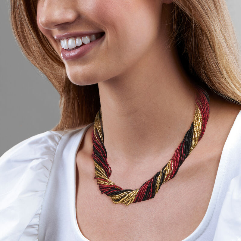 Italian Red, Black and Golden Murano Glass Bead Torsade Necklace with 18kt Gold Over Sterling image number 1