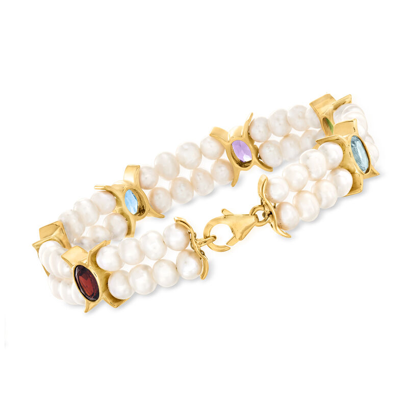 4.5-5.5mm Cultured Pearl and 4.80 ct. t.w. Multi-Gemstone Bracelet in 18kt Gold Over Sterling image number 2
