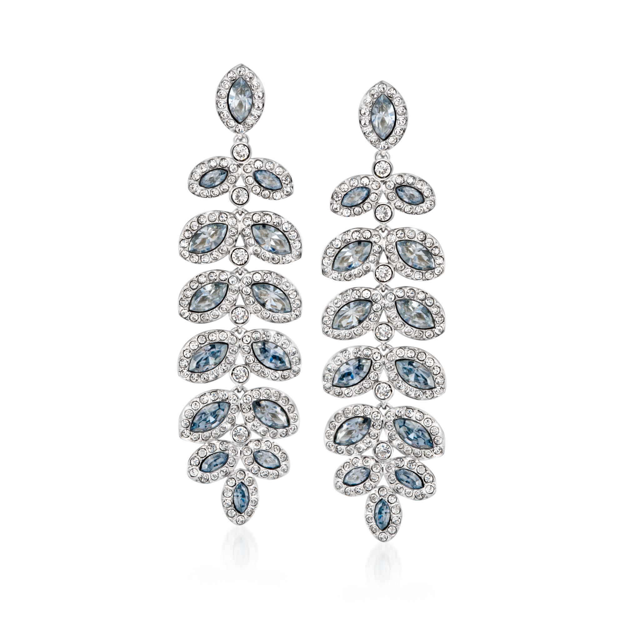 Swarovski Crystal Baron Blue and Clear Crystal Leaf Drop Earrings in Silvertone