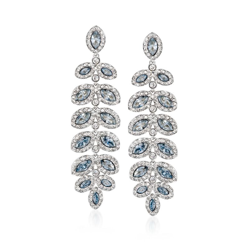 Swarovski Crystal &quot;Baron&quot; Blue and Clear Crystal Leaf Drop Earrings in Silvertone image number 0