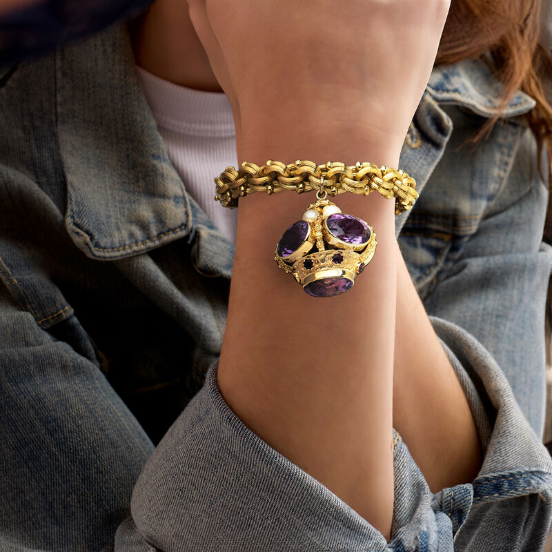 C. 1980 Vintage 6.5mm Cultured Pearl and 71.50 ct. t.w. Amethyst Charm Bracelet in 18kt Yellow Gold. 7.5&quot; image number 1