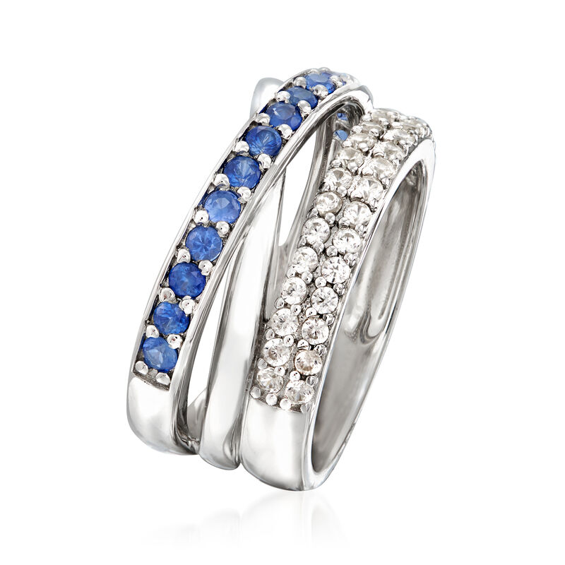 .70 ct. t.w. White Topaz and .60 ct. t.w. Sapphire Highway Ring in Sterling Silver image number 2