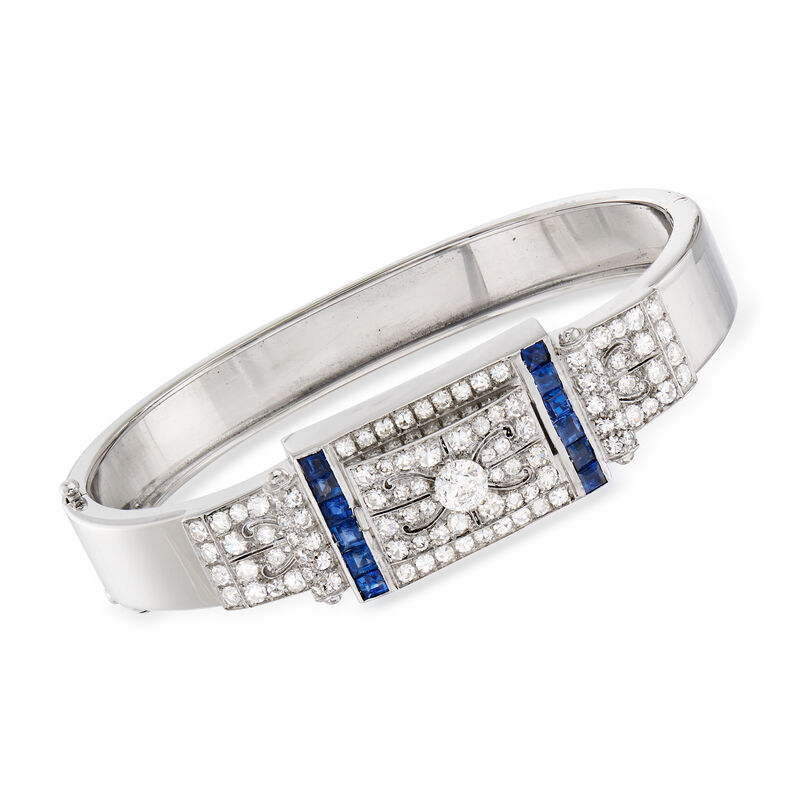 C. 1950 Vintage 2.60 ct. t.w. Diamond and 1.50 ct. t.w. Sapphire Bangle Bracelet in 14kt White Gold image number 0