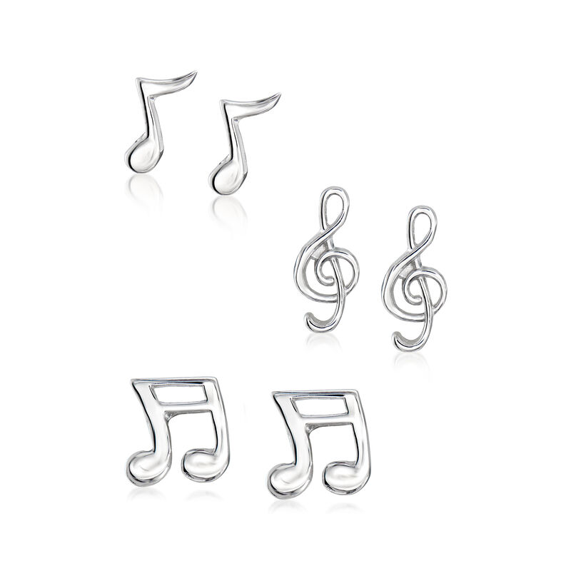 Sterling Silver Jewelry Set: Three Pairs of Musical Note Stud Earrings image number 0