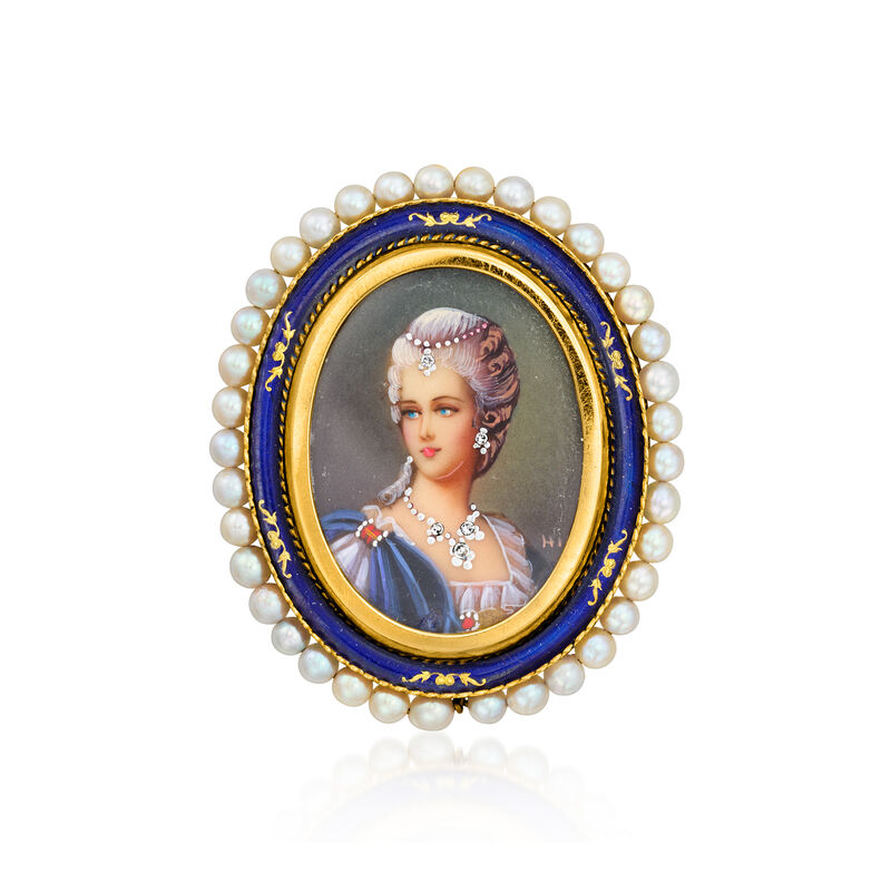 C. 1920 Vintage Painted Portrait Pin/Pendant with Enamel, 3mm Cultured Pearls and Diamonds in 18kt Yellow Gold image number 3