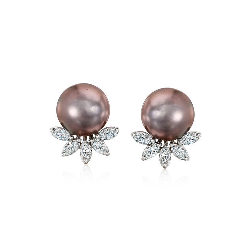 C. 1980 Vintage Black Cultured South Sea Pearl Earrings with 1.20 ct. t.w. Diamonds in 18kt White Gold  image number 0
