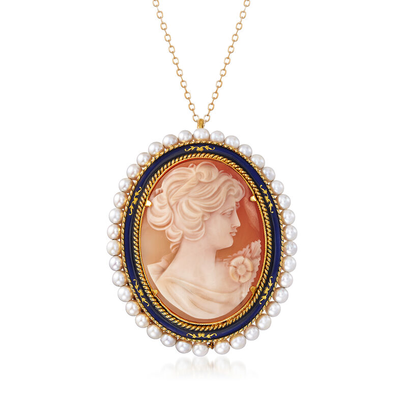 C. 1960 Vintage Oval Cameo with Pearls Necklace in 18kt Yellow Gold. 18&quot; image number 1