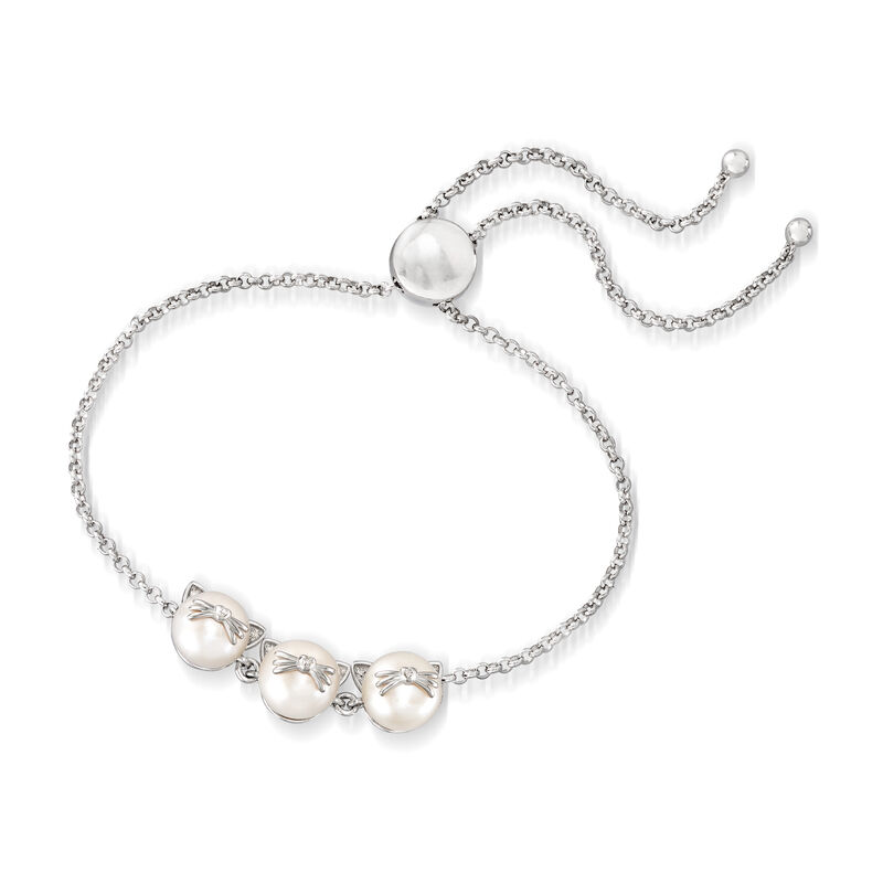8-8.5mm Cultured Pearl Cat Bolo Bracelet with Diamonds in Sterling Silver image number 2