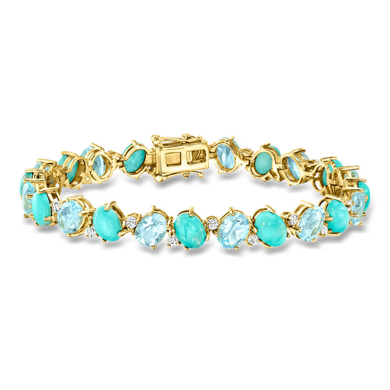 Turquoise and 17.00 ct. t.w. Sky Blue Topaz Bracelet with .90 ct. t.w. White Topaz in 18kt Gold Over Sterling. 7.5" image number 0